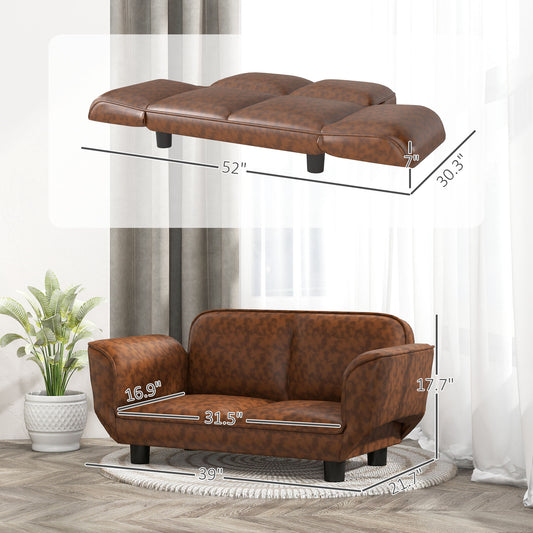 PawHut Pet Sofa Dog Bed Couch, Foldable Cat Lounger PU Leather Cover for Medium & Large Sized Animals, 39" x 21.75" x 17.75", Expandable to 52" x 30.25" x 7", Brown