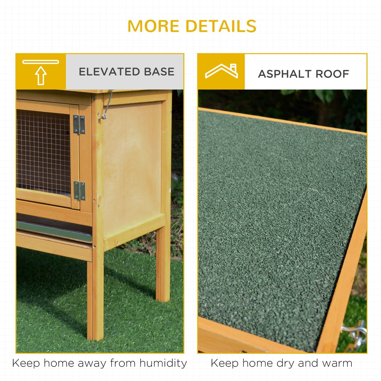PawHut Wooden Rabbit Hutch Bunny Cage with Openable Waterproof Roof, No Leak Tray Solid Fir Wood Build for Rabbits, Chickens, Ducks, Indoor/Outdoor