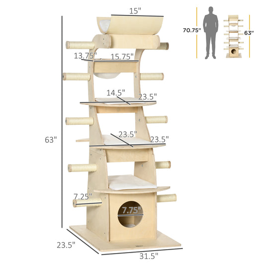 PawHut 63" Cat Tree Kitty Activity Center Wooden Cat Climbing Toy Pet Furniture with Multiple Perches Cat Condo Cushions Sisal Scratching Post, Beige