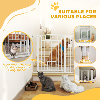 PawHut 30"-41" Extra Wide Walk Through Dog Gate w/ Cat Door, 3-Inch & 5.5-Inch Extension Kits, 37" High