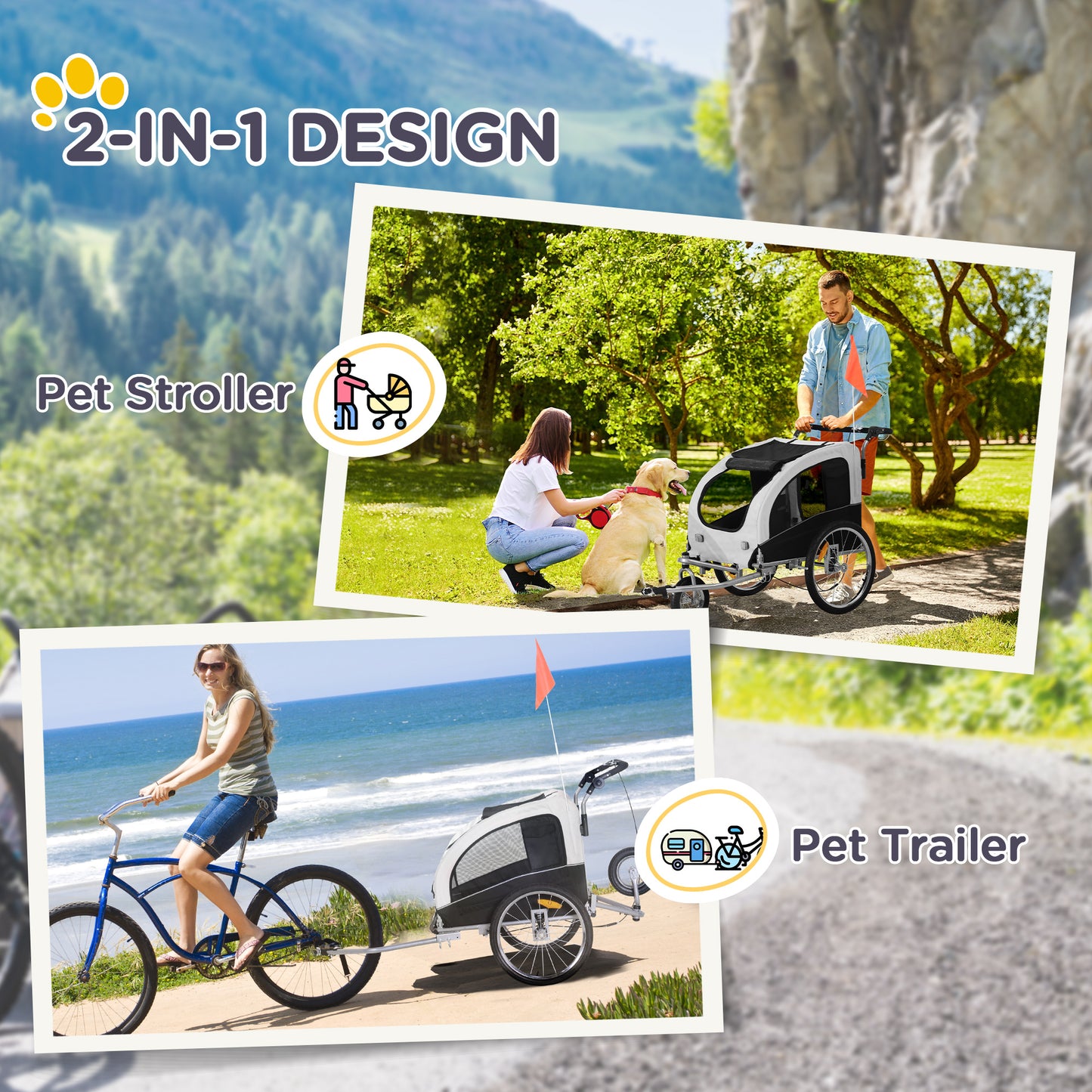 Dog Bike Trailer 2-In-1 Pet Stroller with Canopy and Storage Pockets, White