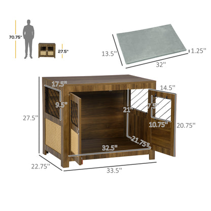 PawHut Dog Crate Furniture with Soft Cushion, Dog Crate End Table with Rattan Decoration, Small to Medium Sized Dog Kennel Furniture Indoors with Large Entrance, Walnut