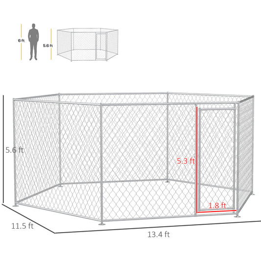 PawHut 13.4' x 11.5' x 5.6' Dog Kennel Outdoor for Medium and Large-Sized Dogs with Lockable Door, Silver