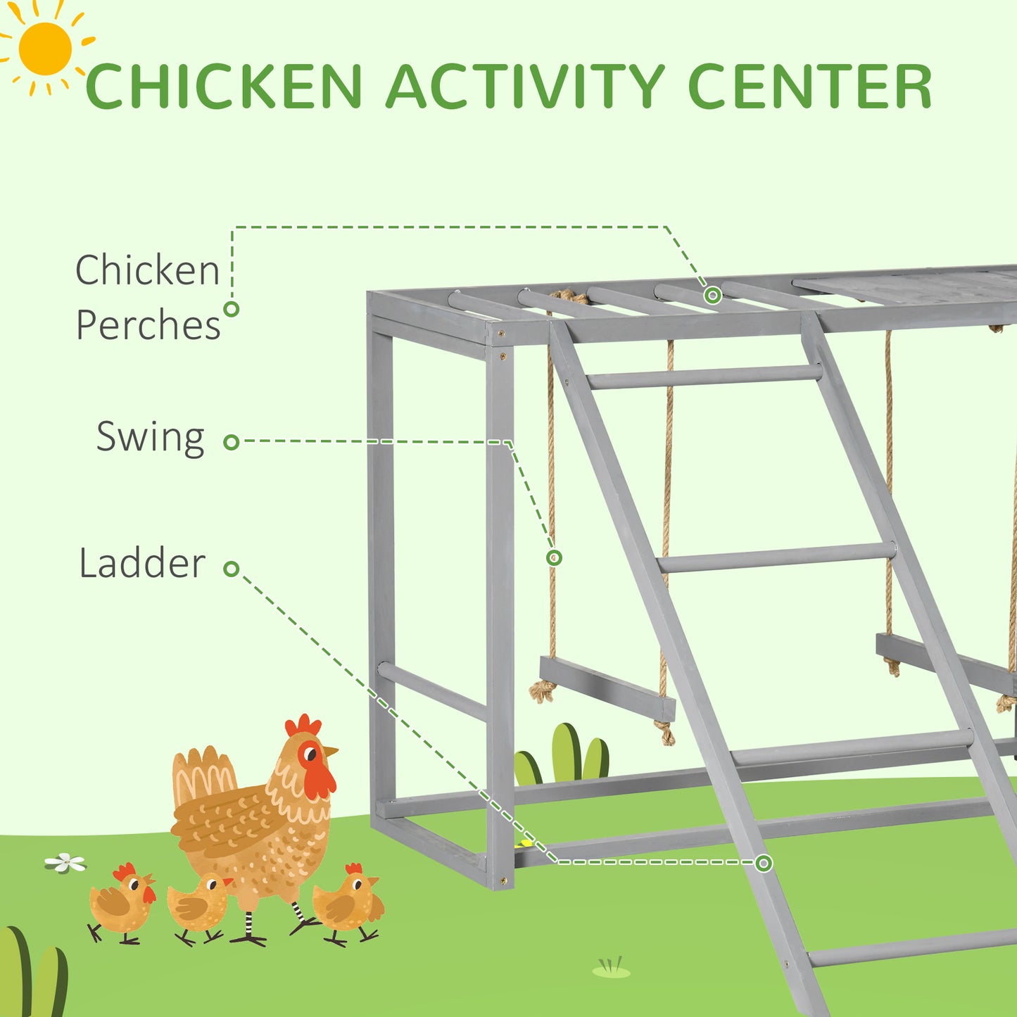 PawHut Chicken Activity Play with Swing Set for 3–4 Birds, Wooden Chicken Coop Accessory with Multiple Perches & Hen Ladder, Gray