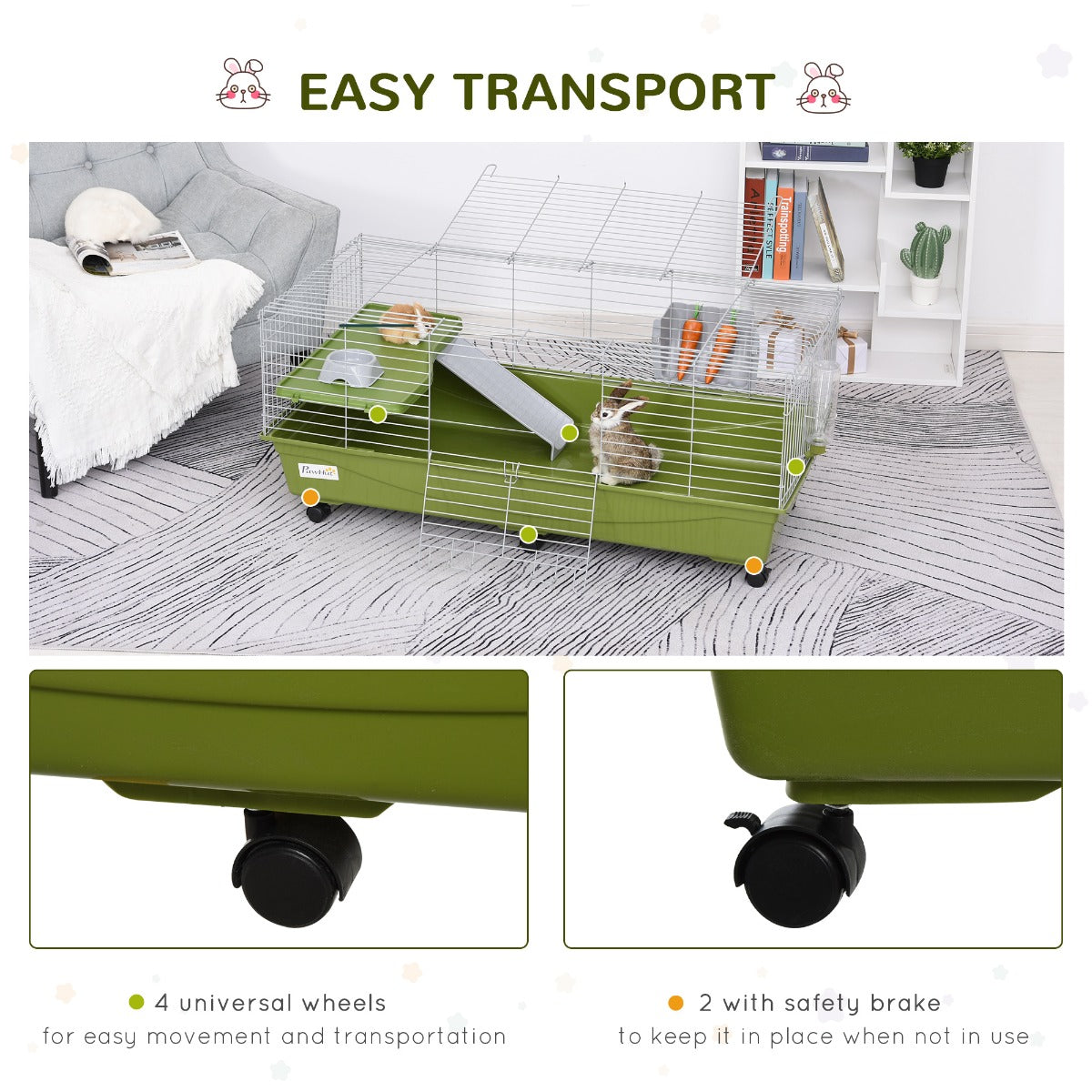 PawHut 47" Small Animal Cage Chinchilla Guinea Pig Hutch Pet House with Platform Ramp, Food Dish, Wheels, & Water Bottle