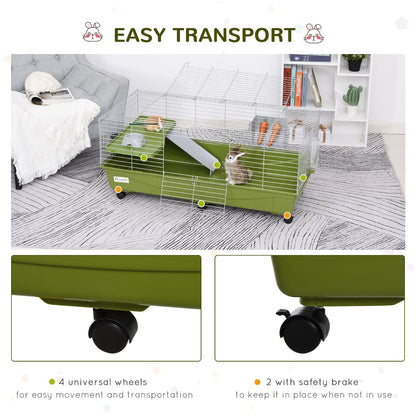 PawHut 47" Small Animal Cage Chinchilla Guinea Pig Hutch Pet House with Platform Ramp, Food Dish, Wheels, & Water Bottle