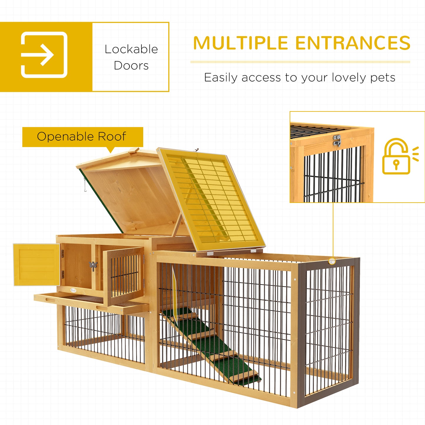 PawHut 2 Level 59" Outdoor Rabbit Hutch with Openable Top, Yellow