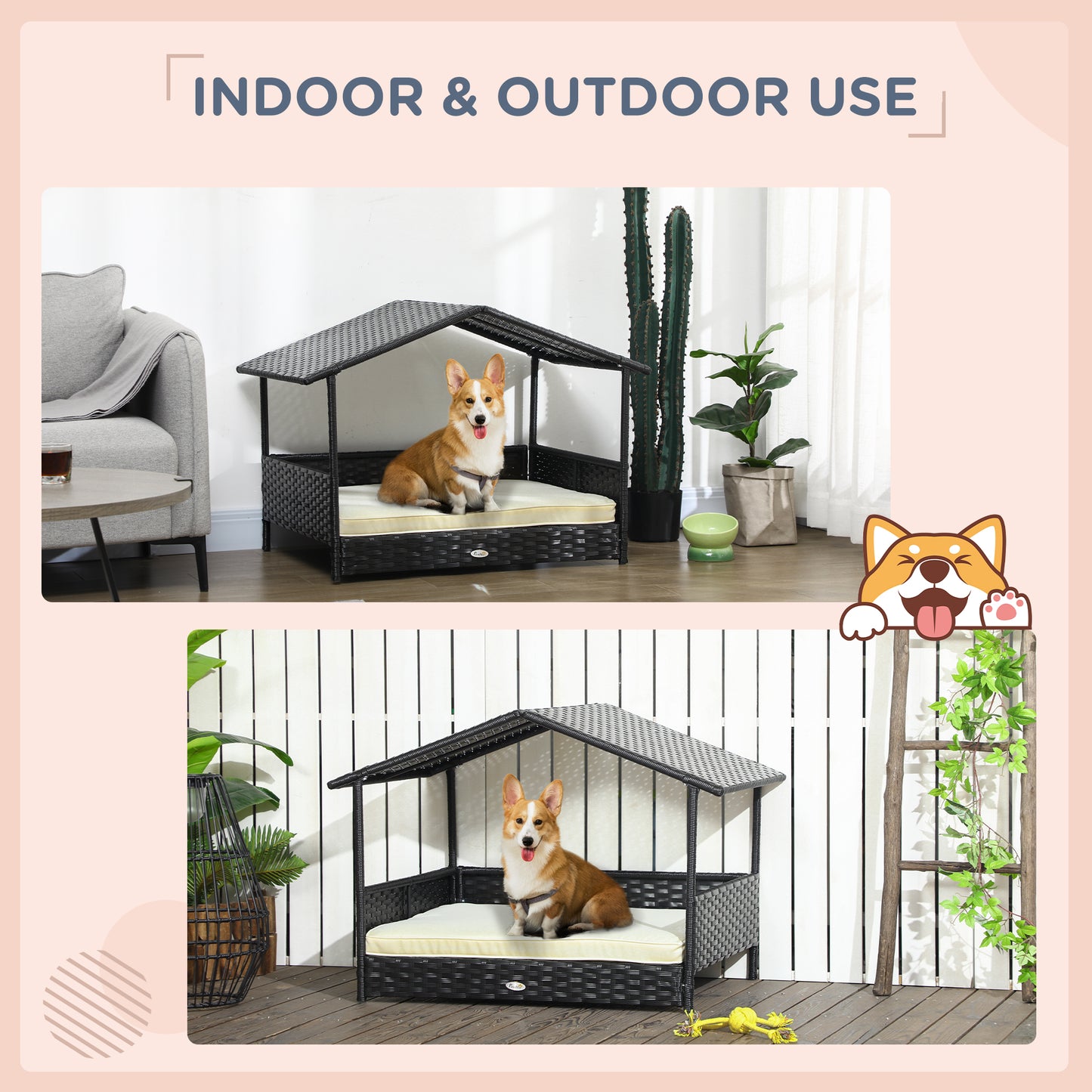PawHut Wicker Dog House with Removable Cushion Lounge, Cream White