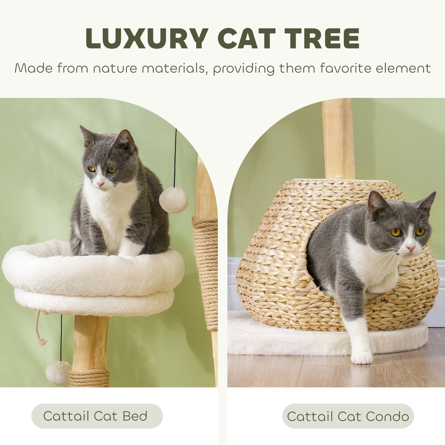 PawHut 41" Cat Tree for Indoor Cats with Wooden Cat Scratching Posts, Cat Condo, Cat Beds & Toy Balls, Cream White