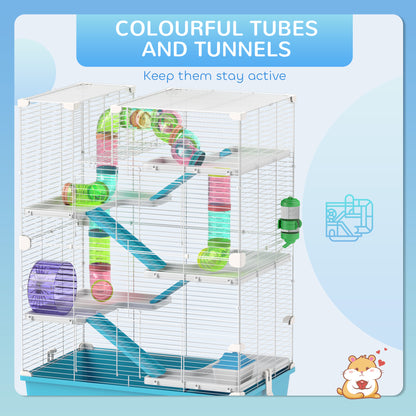PawHut 6 Tier Hamster Cage with Tubes and Tunnels, Hut, Wheel, Food Dish, Water Bottle, Ramps, for Dwarf & Gerbil, Light Blue
