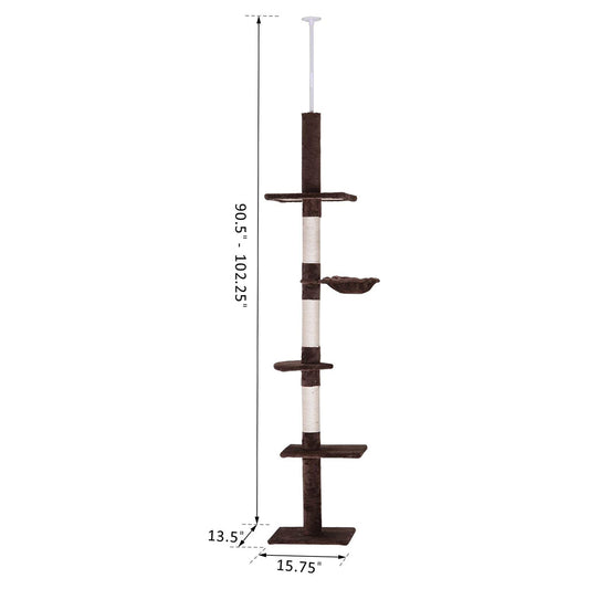 PawHut 8.5' Adjustable Height Floor-to-Ceiling Vertical Cat Tree, 5 Level Cat Climbing Tower, Brown