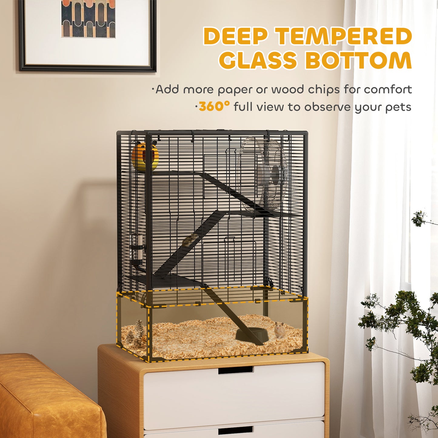 PawHut 4 Tier Hamster Cage with Deep Tempered Glass Bottom, Running Wheel, Hut, Water Bottle, Food Dish, 24" x 16" x 31.5"