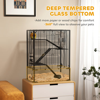 PawHut 4 Tier Hamster Cage with Deep Tempered Glass Bottom, Running Wheel, Hut, Water Bottle, Food Dish, 24" x 16" x 31.5"