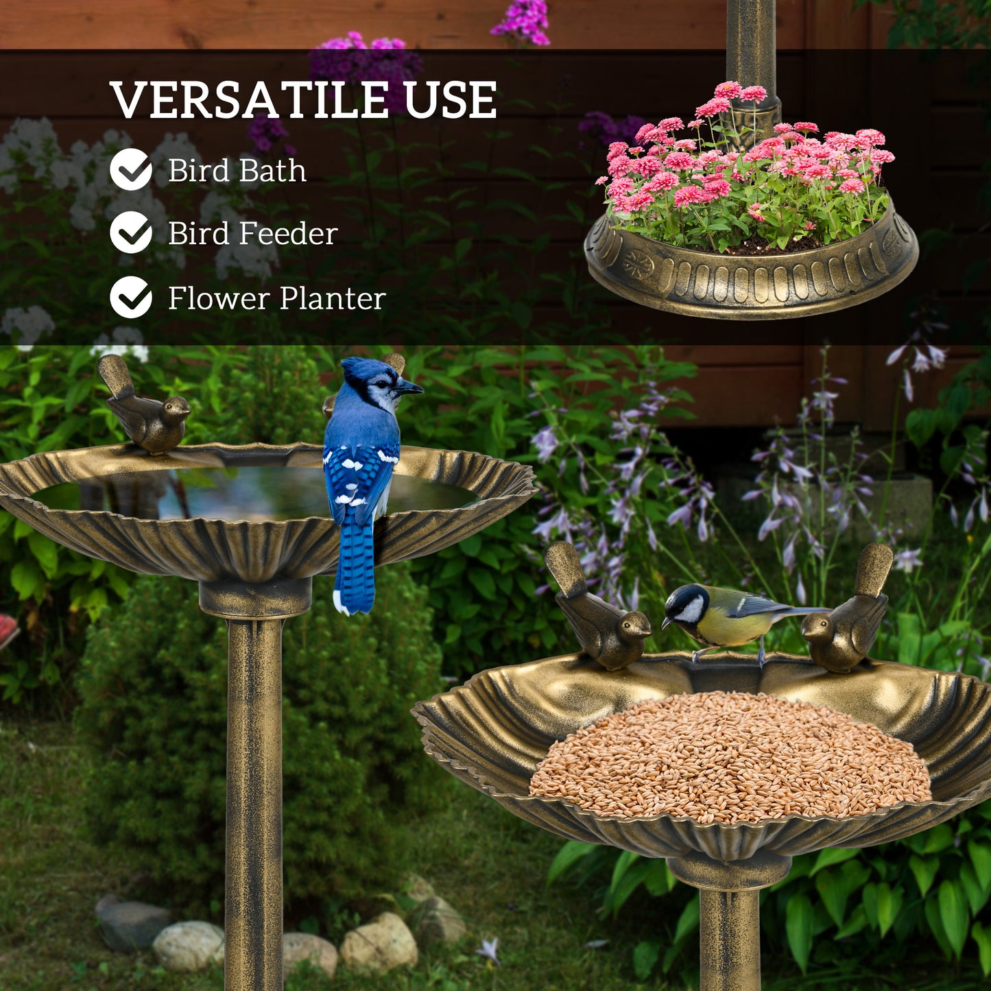 Outsunny 32" Antique Bird Bath Decorative Birdbath Bird Feeder Bowl with Planter Pedestal and Bird Statues, Bronze