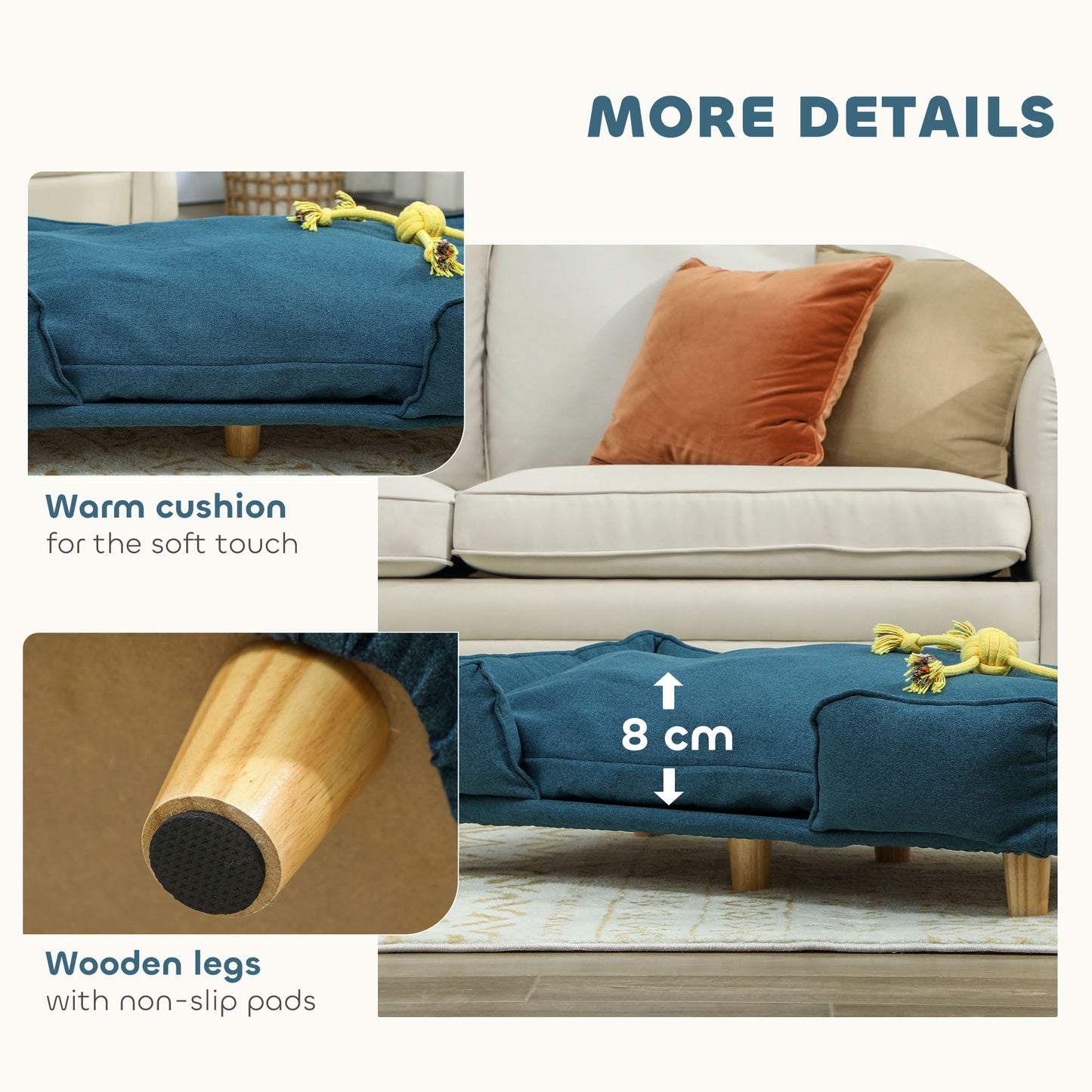 PawHut Raised Dog Couch with Comfortable Cushion, Pine Wood Legs, Foot Pads for Large-Sized Dogs Indoor Use, Dark Blue