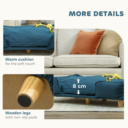 PawHut Raised Dog Couch with Comfortable Cushion, Pine Wood Legs, Foot Pads for Large-Sized Dogs Indoor Use, Dark Blue