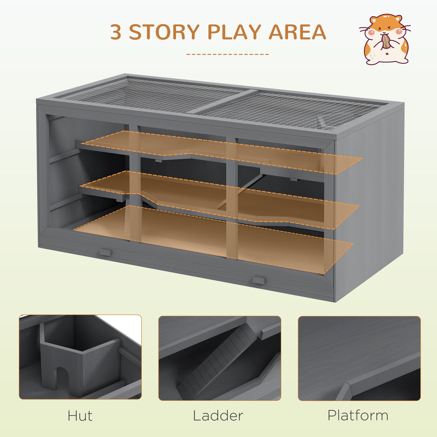 PawHut Extra Large Wooden Hamster Cage with Opening Roof, Hut, Ramps, Gray
