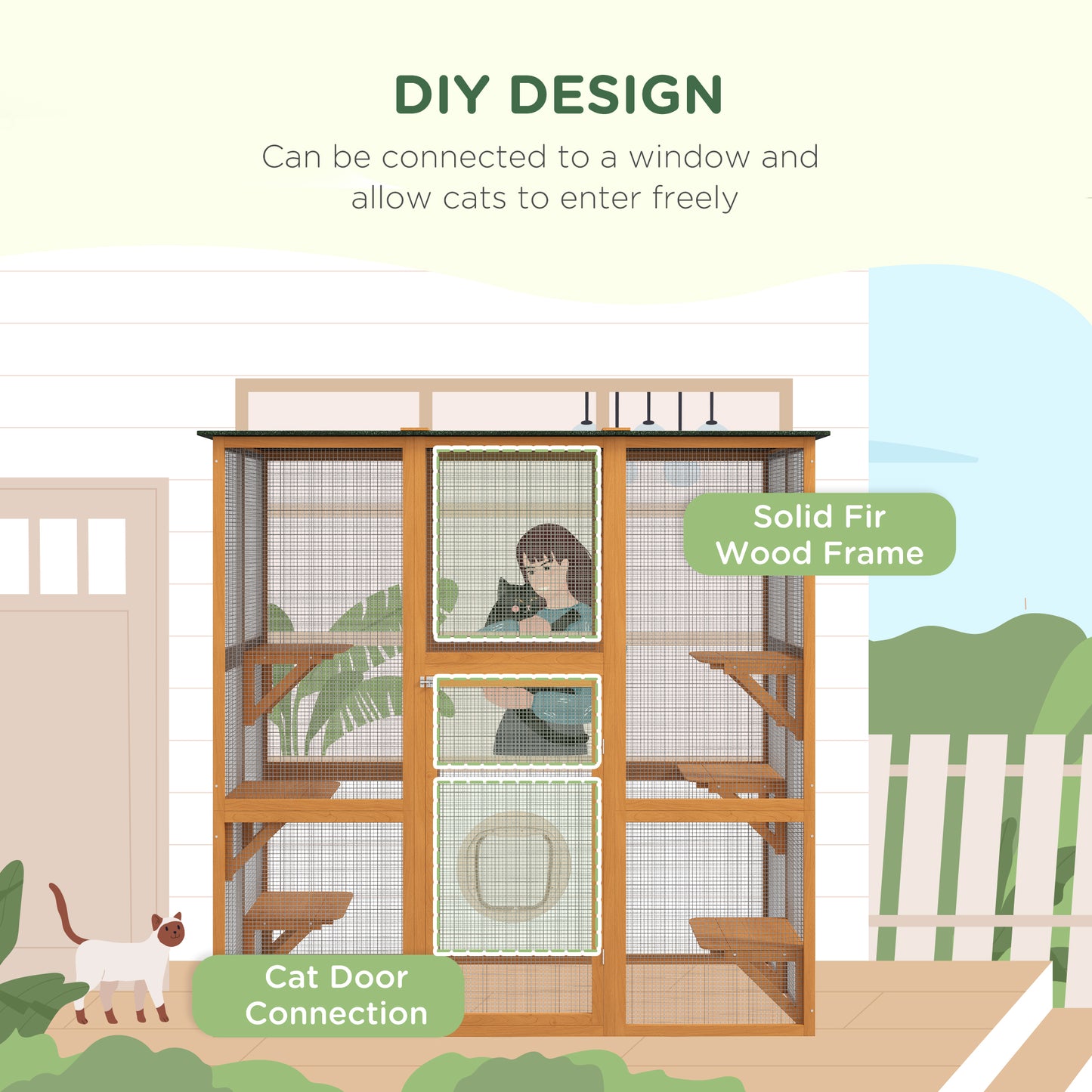 PawHut Outdoor Cat House Big Catio Wooden Feral Cat Shelter Enclosure with Large Spacious Interior, 6 High Ledges, Weather Protection Asphalt Roof, 71" L, Orange
