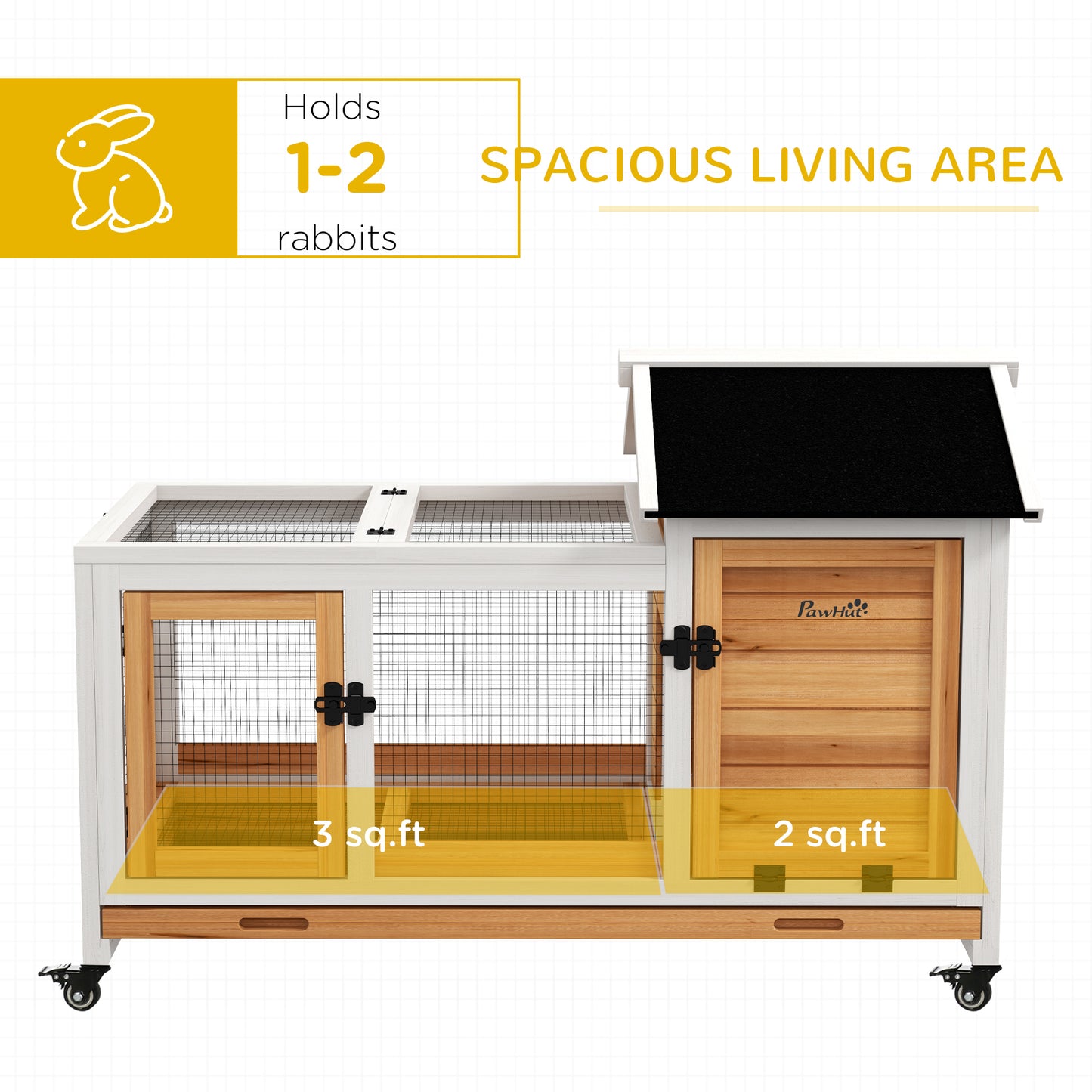 PawHut Wooden Rabbit Hutch with Wheels, Run, Slide-out Tray for Small Animals, Guinea Pig, Yellow