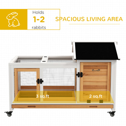 PawHut Wooden Rabbit Hutch with Wheels, Run, Slide-out Tray for Small Animals, Guinea Pig, Yellow