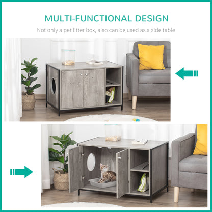 PawHut Large Wooden & Steel Cat Litter Box Enclosure, Kitten Washroom End Table, Indoor Hidden Cat House with Magnetic Doors & Storage Shelves, Gray