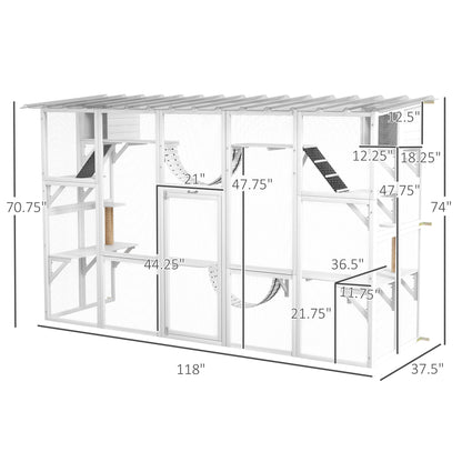PawHut Catio Playground Cat Window Box Outside Enclosure for Multiple Cats w/ Shelves & Bridges, White