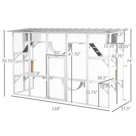 PawHut Catio Playground Cat Window Box Outside Enclosure for Multiple Cats w/ Shelves & Bridges, White