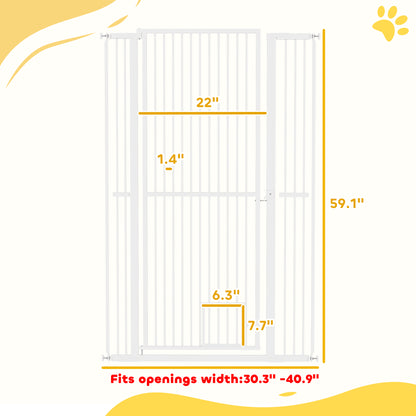PawHut 59" Extra Tall Pet Gate, 30"-41" Dog Gate with Cat Door, 1.4" Narrow Gap, 2.8" and 5.5" Extension, for Doorway, Hallway