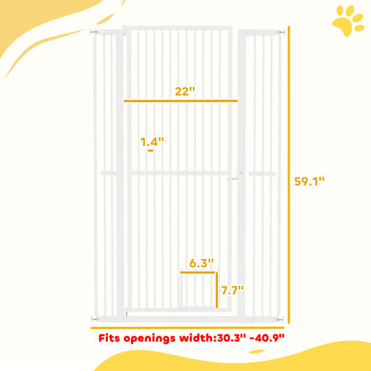 PawHut 59" Extra Tall Pet Gate, 30"-41" Dog Gate with Cat Door, 1.4" Narrow Gap, 2.8" and 5.5" Extension, for Doorway, Hallway