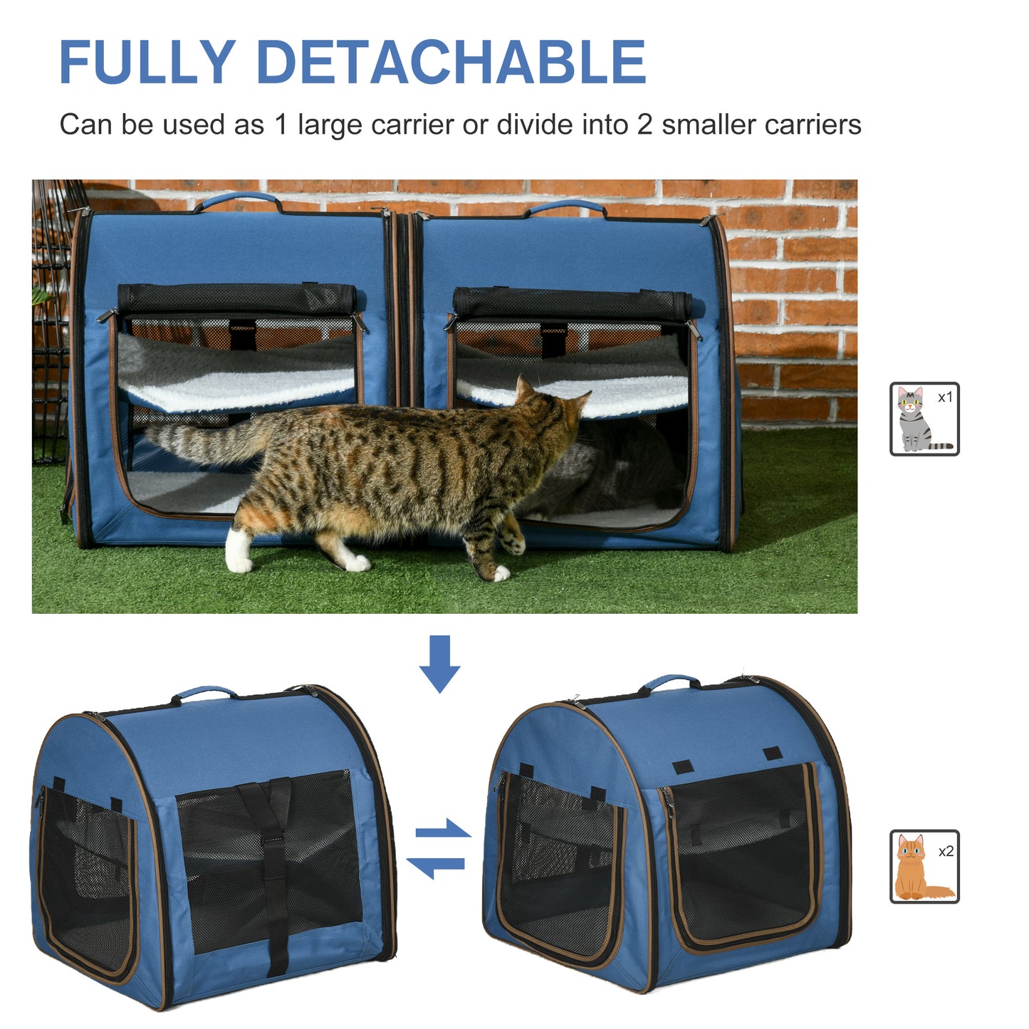 PawHut 39" Portable Soft-Sided Cat Carrier, Cat Kennel, Travel Dog Crate with Divider, Two Compartments, Soft Cushions & Storage Bag, Easy to Fold, Blue