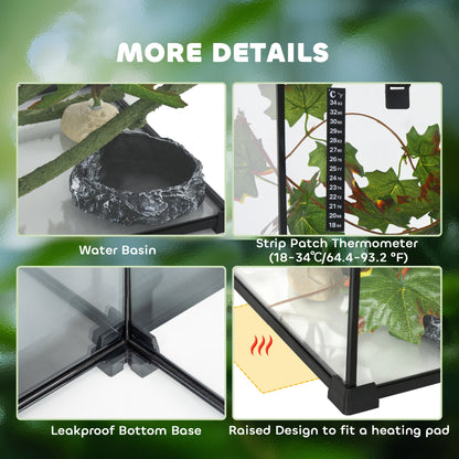 PawHut 14 Gallon Glass Reptile Terrarium Tank, Box Full View with Sliding Screen Top, 20" x 12" x 14", Black
