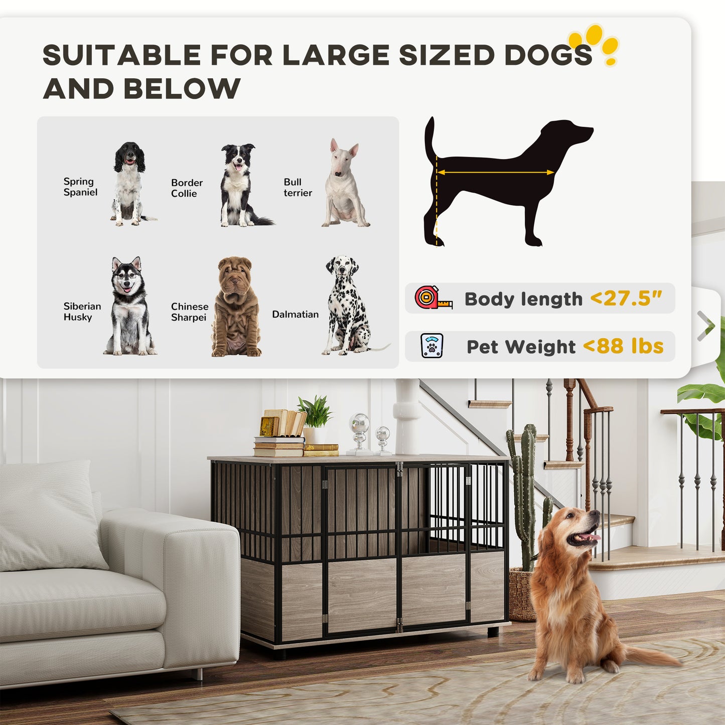 PawHut Decorative Dog Kennel Indoor End Table, 46" Dog Crate Furniture w/ Double Doors for Small to Large Dogs up to 88 lbs.