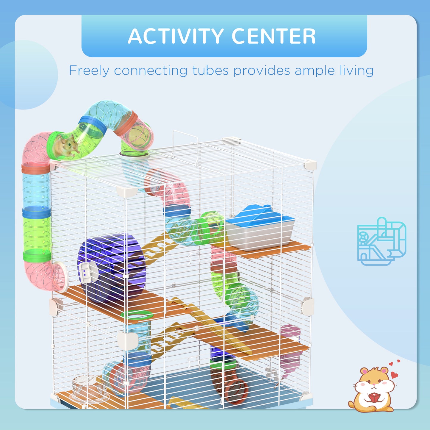 PawHut 5 Tiers Hamster Cage Portable Animal Travel Carrier w/ Exercise Wheels Tube, Light Blue