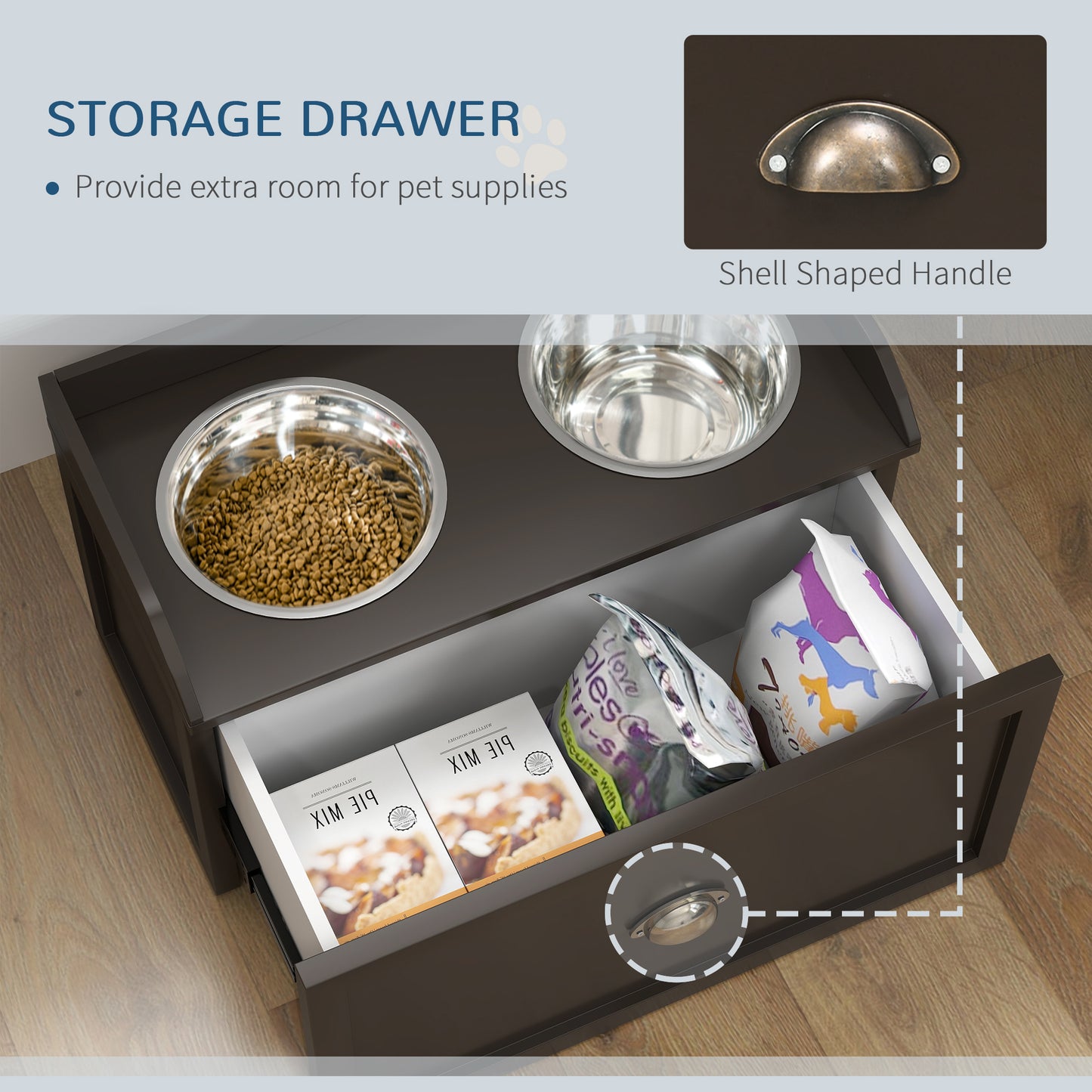 PawHut Pet Feeding Station Pet Dish Bowl Set with Storage, 2 Elevated Dog Bowls for Large Sized Dogs, Coffee