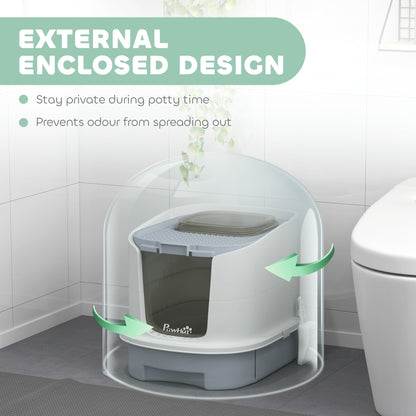 PawHut Covered Cat Litter Box with Lid, Drawer, Scoop, Top Entry, Deodorizing Bags, Odor Control, Easy to Clean, Gray