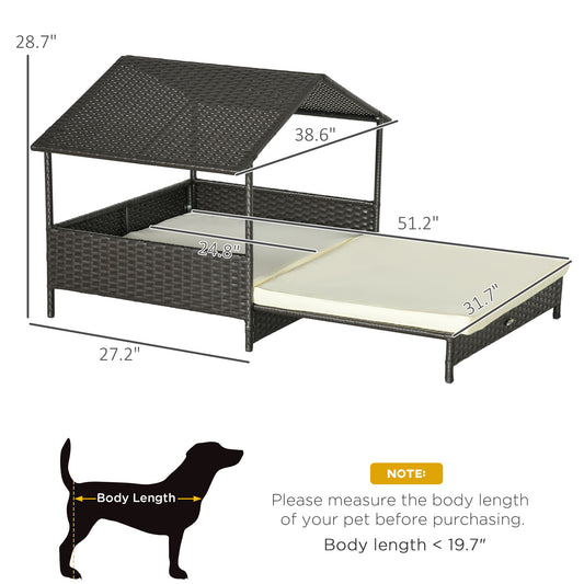 PawHut Outdoor Dog Bed Extendable Wicker Dog Bed w/ Waterproof Roof, Soft Cushion, for Small and Medium Dogs, Cream White