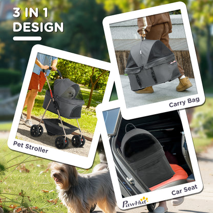 PawHut 3 in 1 Pet Stroller with Detachable Carrier, Foldable Dog Stroller with Storage Basket, Cupholder, for Mini Dogs, Gray