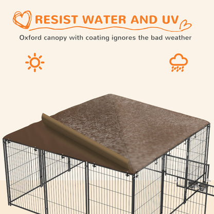 PawHut 6.9' x 6.9' x 5' Outdoor Dog Kennel with Canopy Garden Playpen Fence Crate Enclosure Cage Rotating Bowl, Coffee