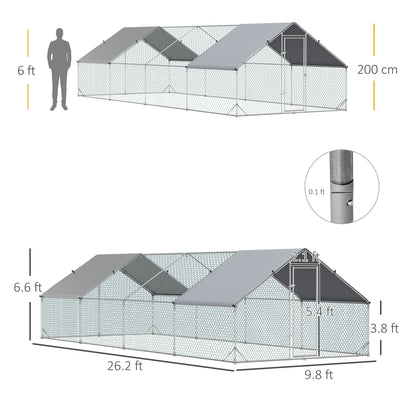 PawHut Metal Chicken Run 9.8' x 26.2' x 6.6' with Waterproof and Anti-UV Cover for Outdoor and Yard Farm Use