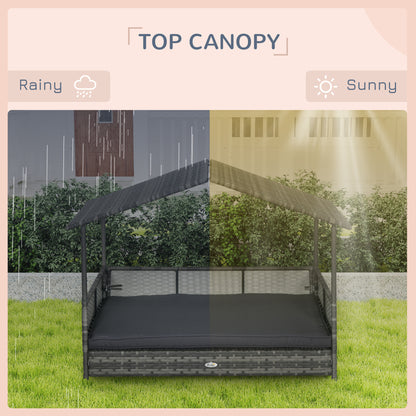 PawHut Outdoor Dog Bed with Canopy, Rattan Dog Bed with Soft Cushion Removable Cover for Medium and Large Dogs, Dark Gray