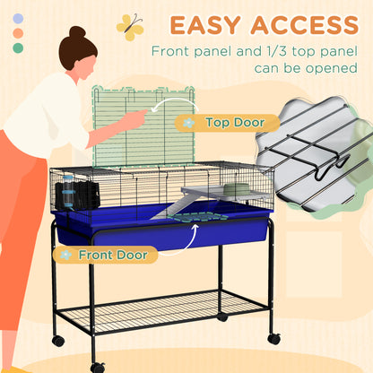 PawHut Two-Story Small Animal Cage Removable from Stand, Pet Habitat with Shelf & Wheels, 39" x 20.5" x 36.5", Blue