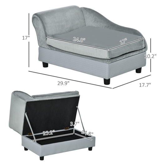 PawHut Luxury Fancy Dog Couch with Hidden Storage, Small Dog Sofa Bed with 2" Soft Foam, Modern Pet Furniture for Puppies & Little Breeds, Pale Gray