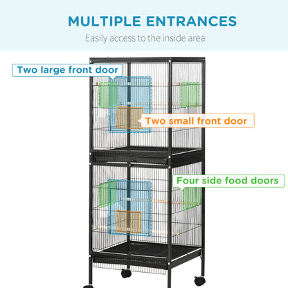 PawHut 55" 2 In 1 Bird Cage Aviary Parakeet House for finches, budgies with Wheels, Black