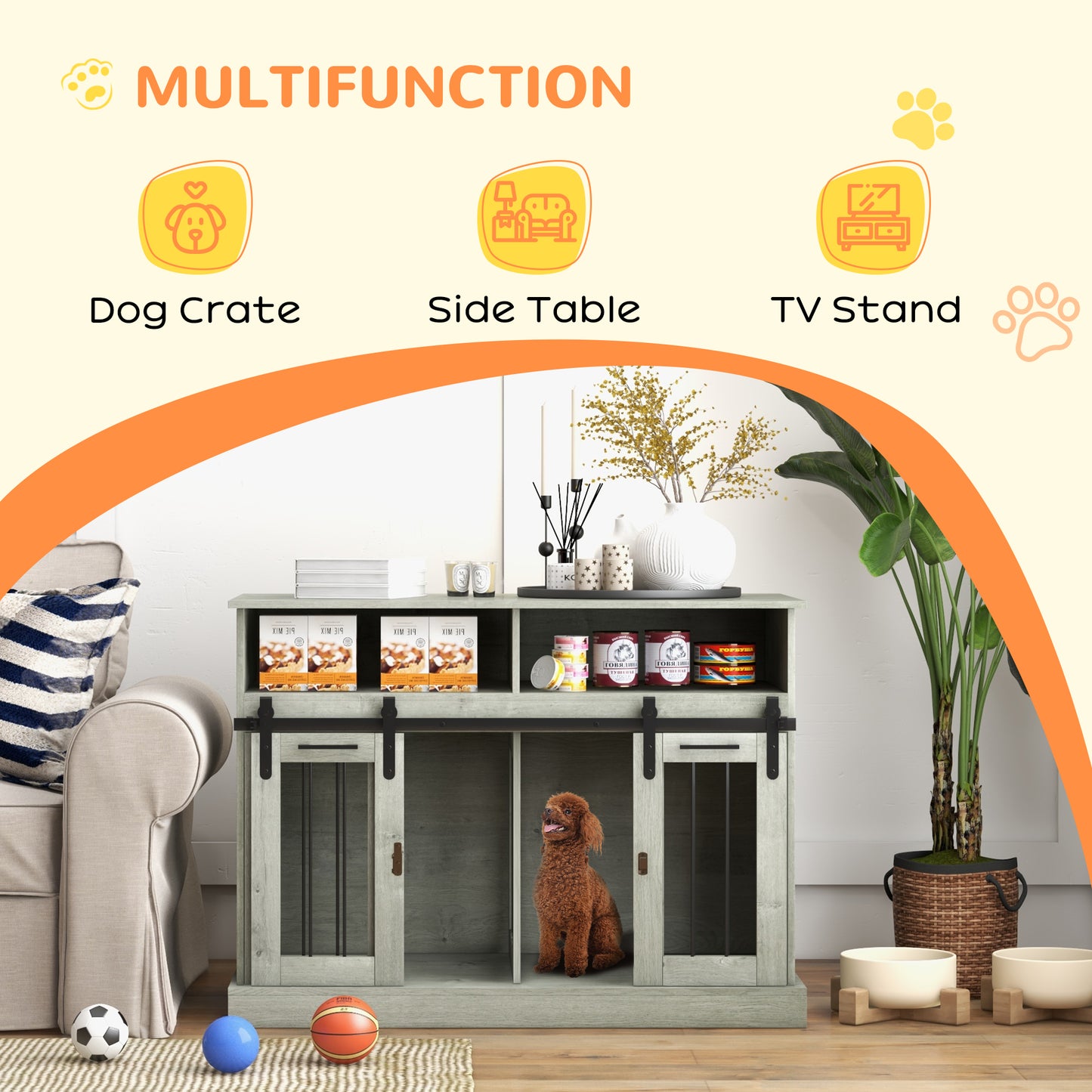 PawHut Dog Crate Furniture for Large Small Dogs, Double Dog Kennel, Gray