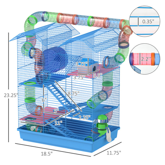 PawHut 18.5" 5 Tier Hamster Cage with Tubes and Tunnels, Small Animal Cage, Rat Gerbil Cage with Water Bottle, Food Dish, Exercise Wheel, Blue