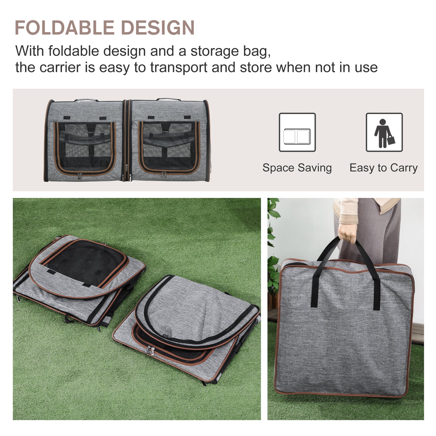 PawHut 39" Portable Soft-Sided Cat Carrier, Cat Kennel, Travel Dog Crate with Divider, Two Compartments, Soft Cushions & Storage Bag, Easy to Fold, Light Gray
