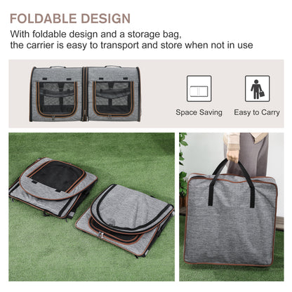 PawHut 39" Portable Soft-Sided Cat Carrier, Cat Kennel, Travel Dog Crate with Divider, Two Compartments, Soft Cushions & Storage Bag, Easy to Fold, Light Gray