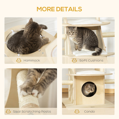 PawHut 63" Cat Tree Kitty Activity Center Wooden Cat Climbing Toy Pet Furniture with Multiple Perches Cat Condo Cushions Sisal Scratching Post, Beige