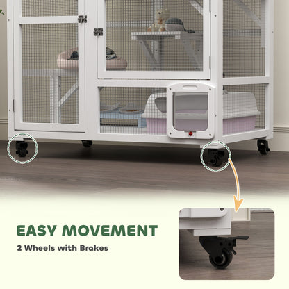 PawHut Cat House, Indoor Cat Enclosure on Wheels with Openable Top, 39", White