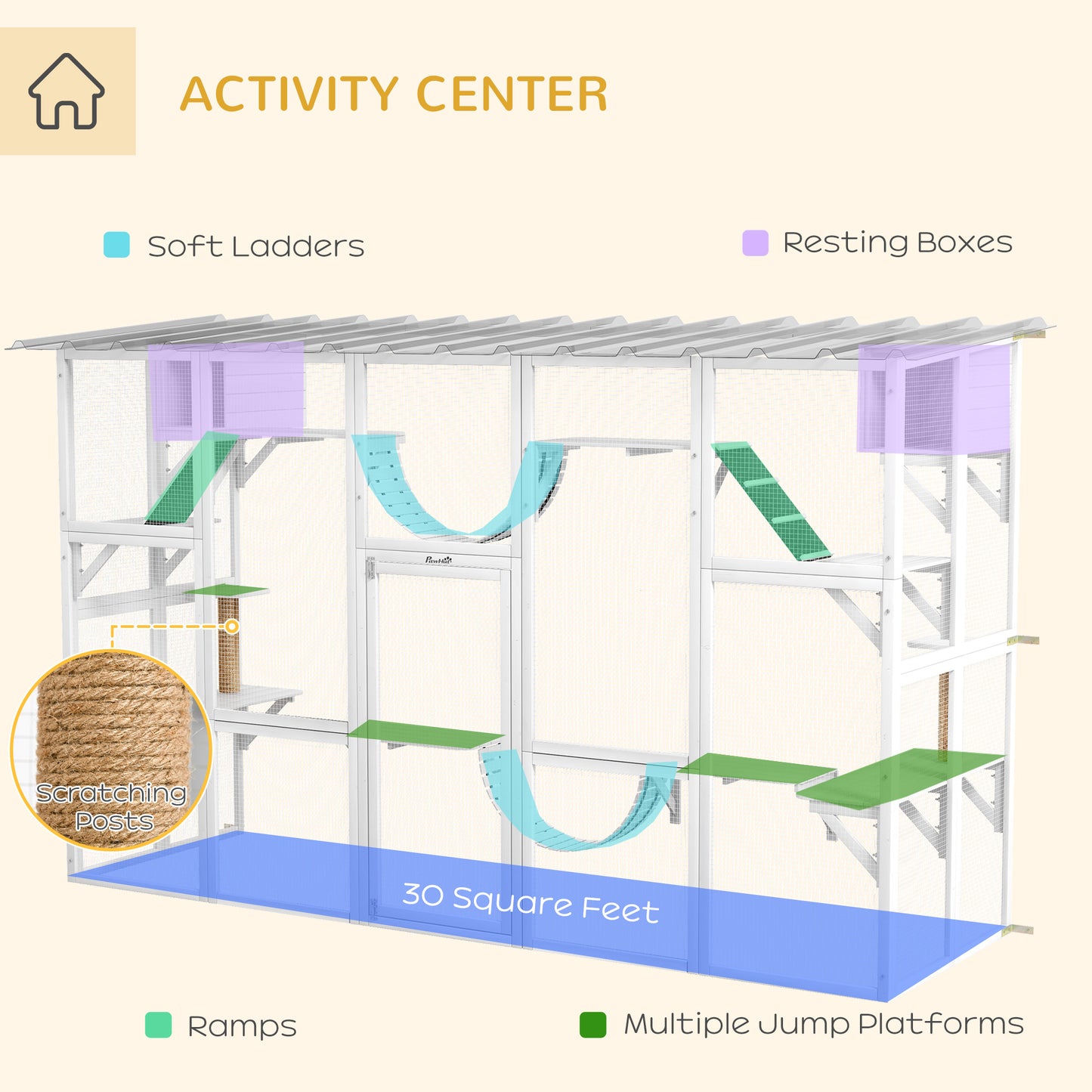 PawHut Catio Playground Cat Window Box Outside Enclosure for Multiple Cats w/ Shelves & Bridges, White